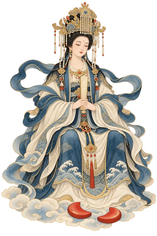 妈祖民俗插画,配以一对月牙筊杯